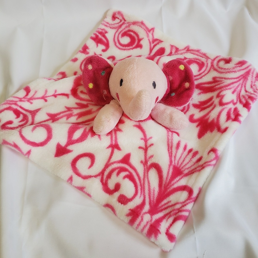 Elephant Security Blanket Baby Lovey Pink Pattern White RN 130369 Polka Dot Ears